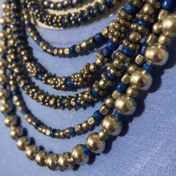 Beautiful NWT Worn Silver Tone & Royal Blue Beaded Bib Statement Necklace!! - Picture 2 of 4